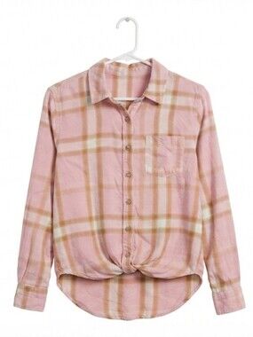 Thereabouts Girls Pink Plaid Flannel Button-Down Shirt Size Medium 10/12 Tie Fro